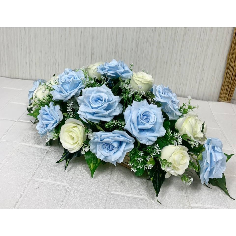 Bunga Meja Oval Ros Mekar Mix Ros Lipat Sedang Pot Keranjang