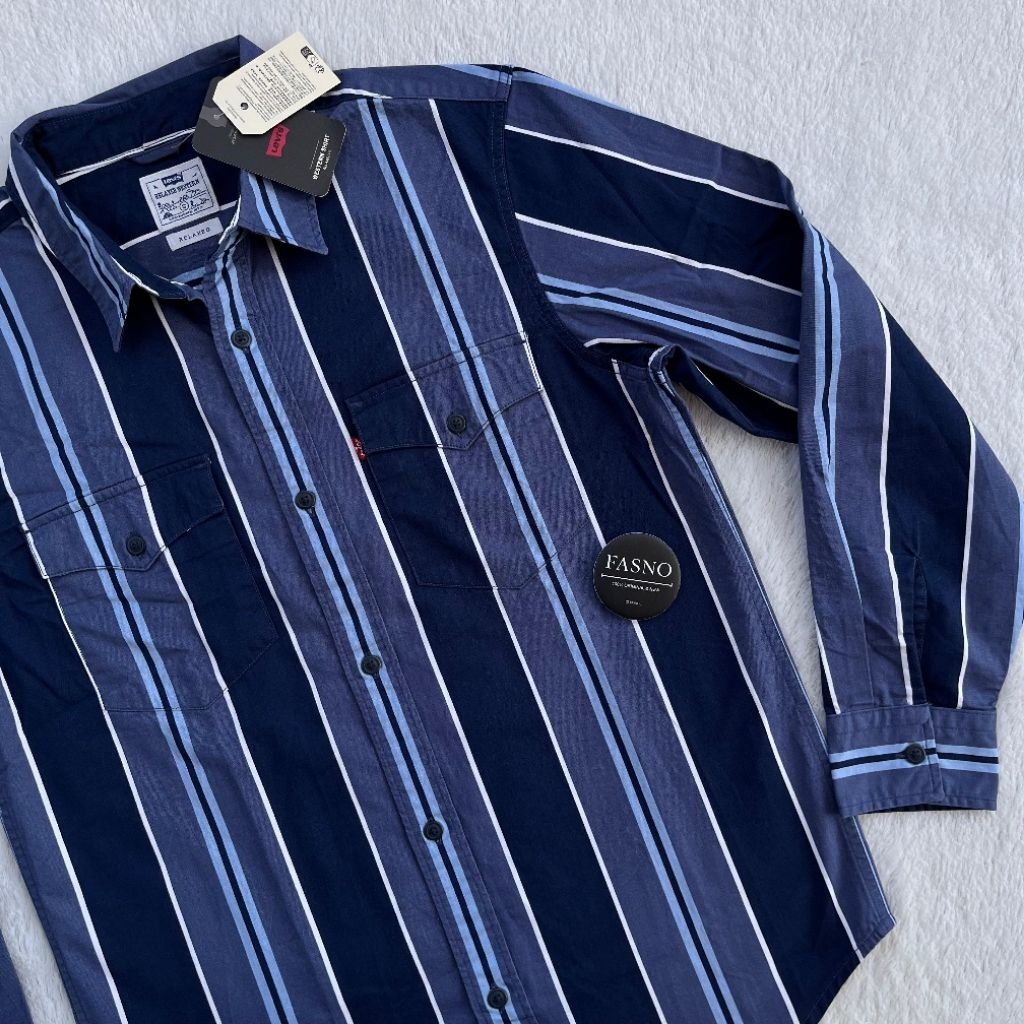 [NEW & ORIGINAL]  LV'S Stripe Western LS shirt, 2 Pocket.Color = Dark Blue.