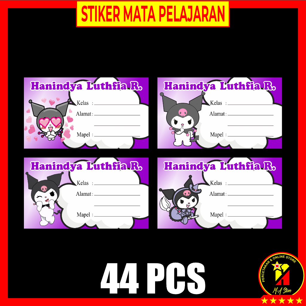 

44 PCS Stiker Mapel Mata Pelajaran Custom Karakter Kuromi Bahan Stiker HVS