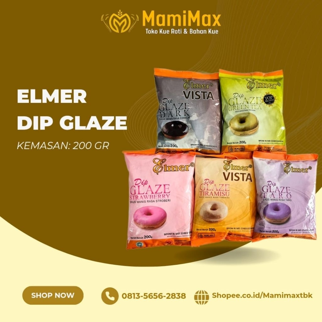 

ELMER DIP GLAZE 200 GRAM COKLAT STRAWBERRY GREEN TEA TIRAMISU TARO