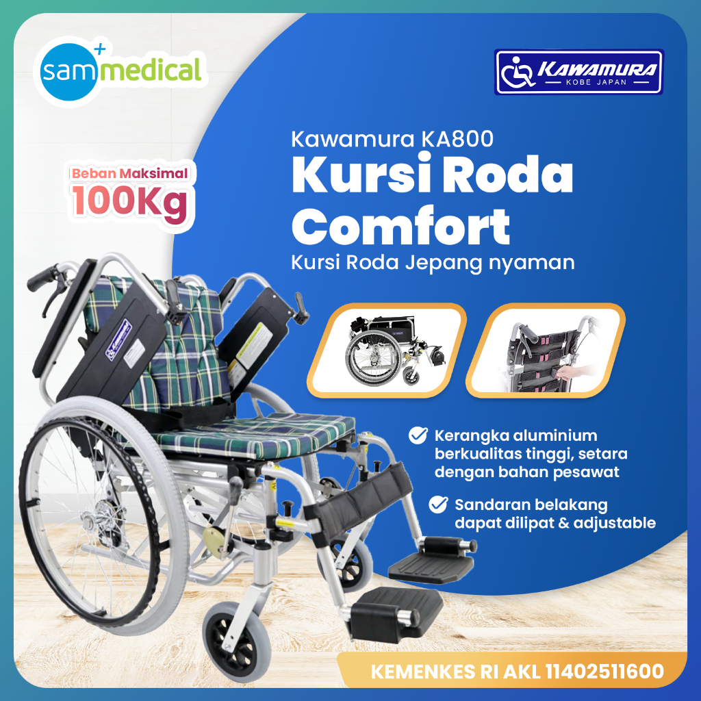 Kawamura Kursi Roda Comfort Alluminium Hijau Kotak KA800-22 (A9) / Kursi Roda Jepang Kerangka Alumin