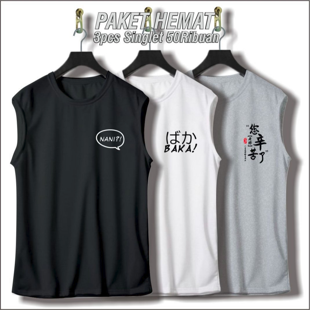 Kaos Singlet Lekbong Pria Distro Dewasa Paketan 3 pcs 50ribu Singlet Santai Gym / Paketan Singlet Mo