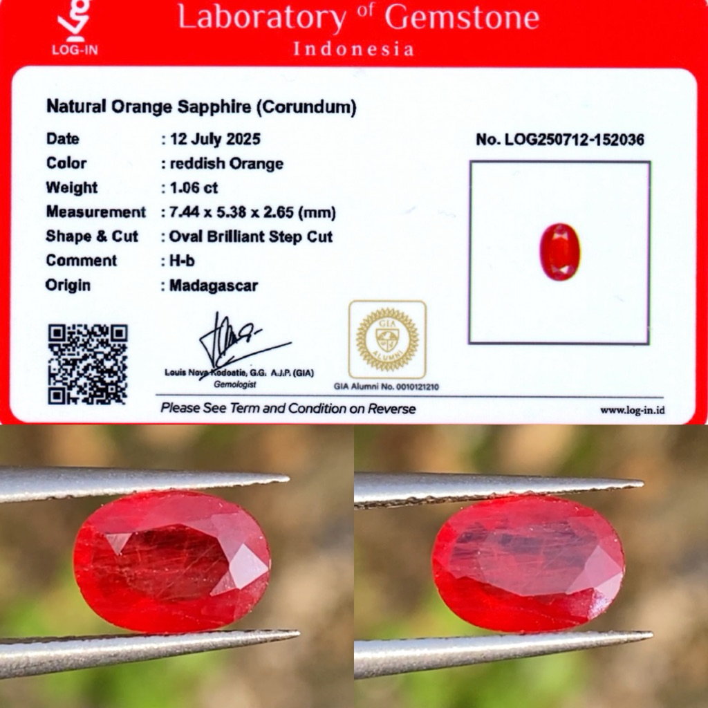 1,06 cts Natural reddish Orange Sapphire origin Madagsacar H-b Memo LOGIN