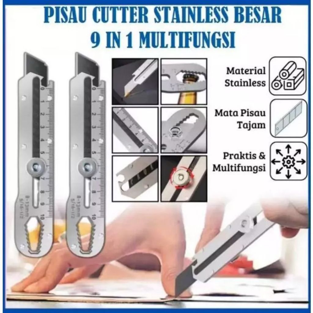 

Pisau Cutter Besi 9in1 Stainless Steel 15mm Pemotong Serbaguna Anti Karat Ada Pembuka Botol