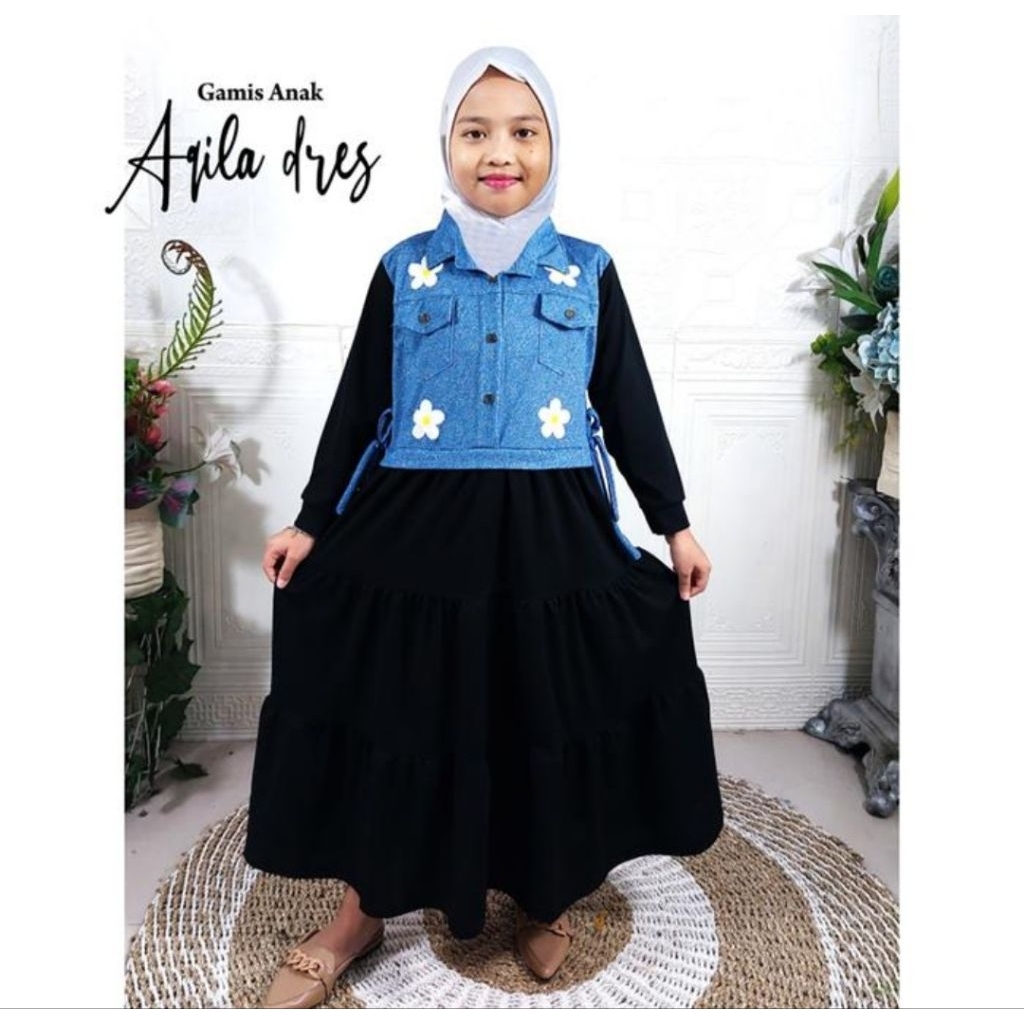 (BISA COD) Kode E 721 Aqila Dress Gamis Anak Baju Muslim - Hitam, S