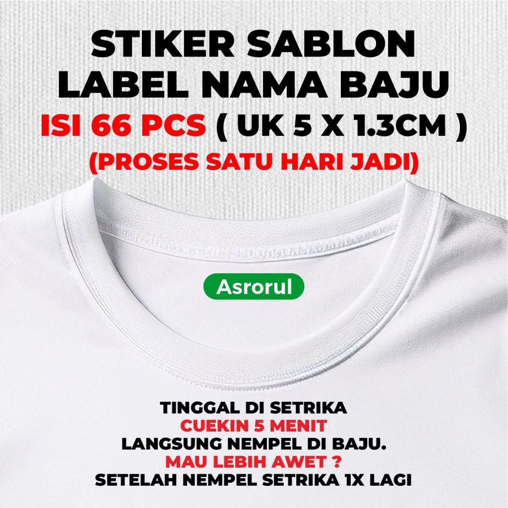 

Stiker Sablon Label Nama Baju Stiker Custom Nama Label Printing Kain / Kaos Sablon Setrika Gratis Custom Nama Isi 66 pcs Sehari jadi.