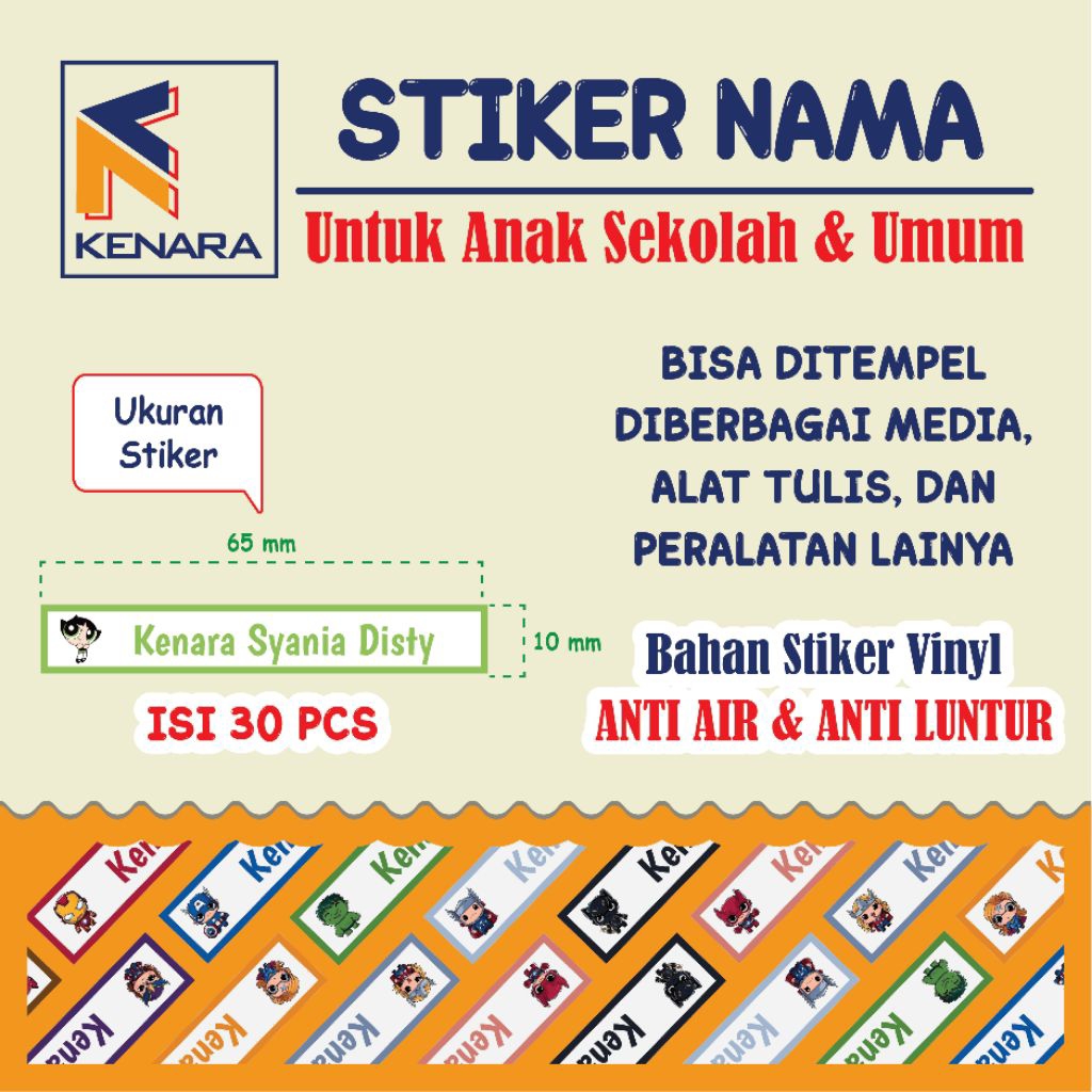 

ISI 30 PCS STICKER NAMA ANAK SEKOLAH ANTI AIR BAHAN VINYL BERGAMBAR