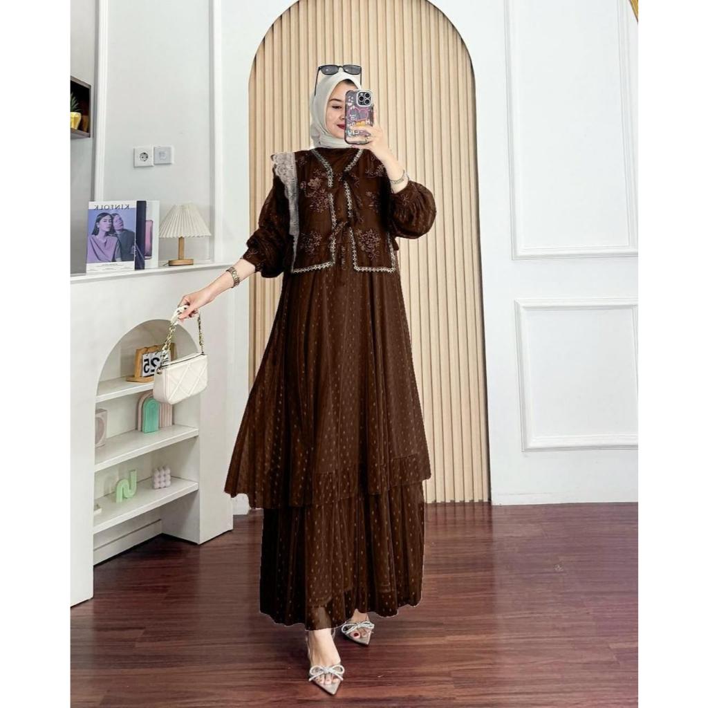 Kiukiu Sella Dress - Gamis Tile Brukat Premium - Gamis rompi brukat - Outer Tile Set Gamis - Baju Ko