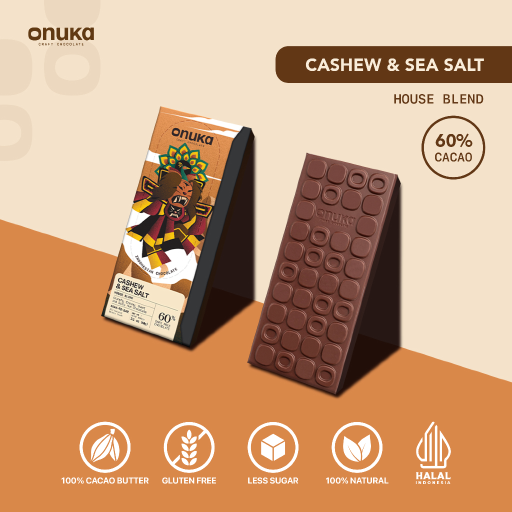 

Onuka Cashew & Sea Salt Milk Chocolate / Coklat Asli Rendah Gula