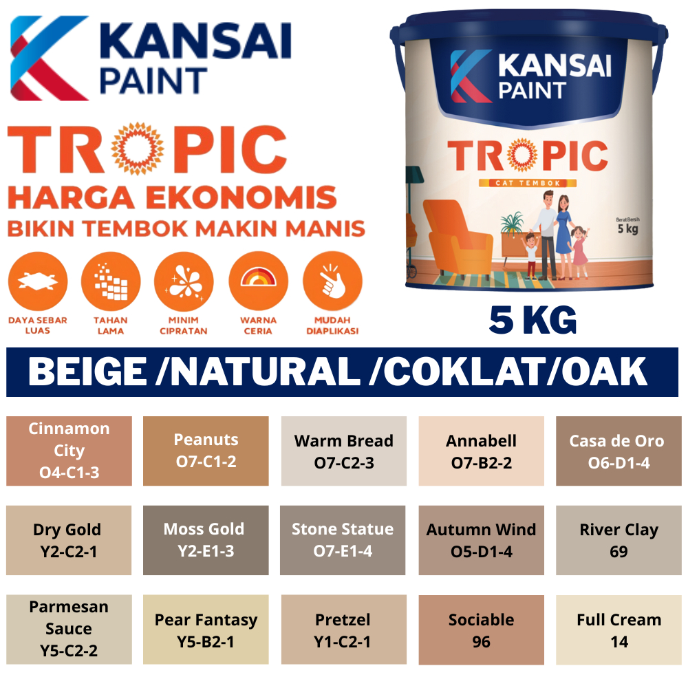 KANSAI TROPIC CAT TEMBOK KANSAI PAINT INTERIOR 5KG WARNA BEIGE / NATURAL / COKLAT / OAK CAT TEMBOK