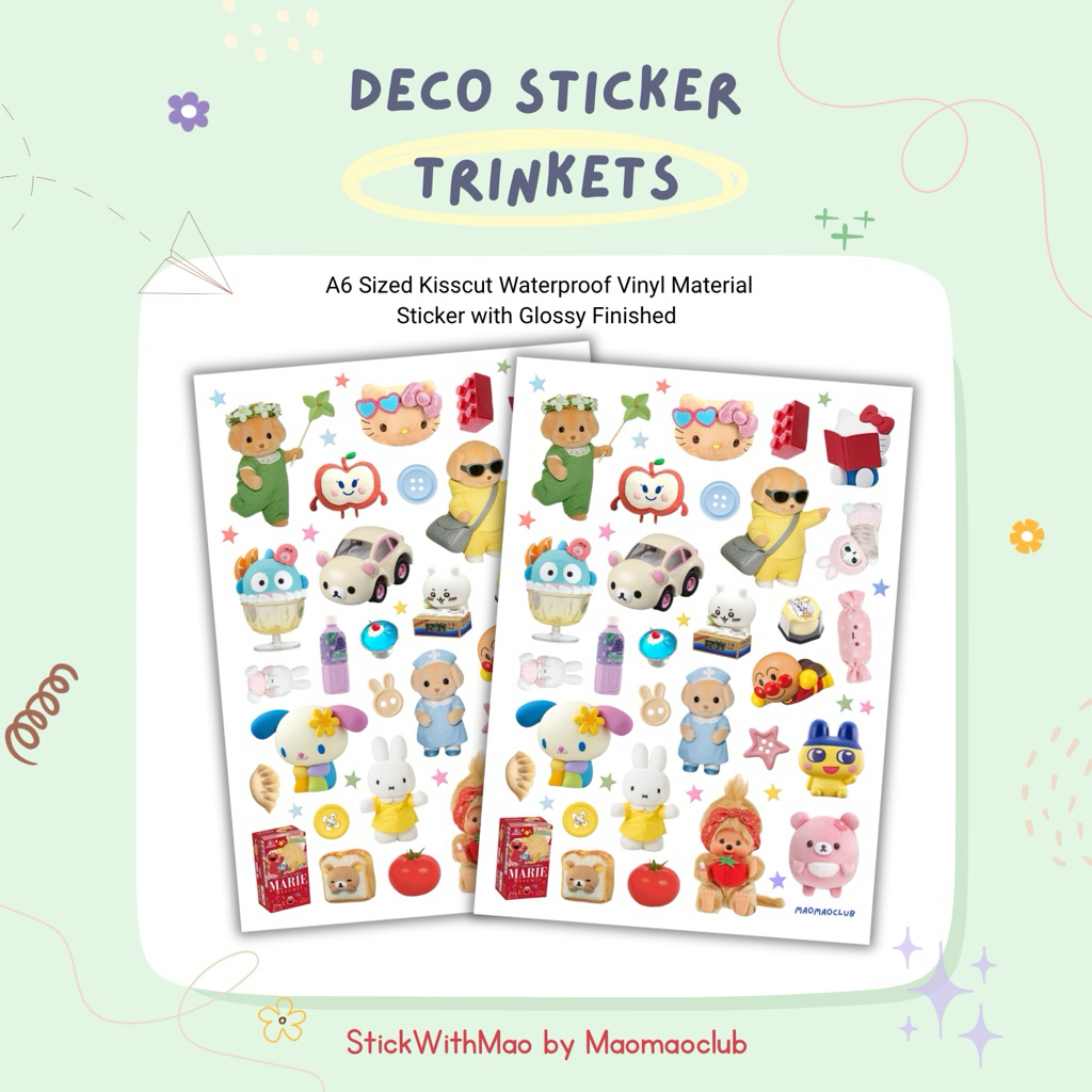 

Various Trinkets Deco Sticker Sheet (Sylvanian, Tamagotchi, Rilakkuma, Monchhichi, Miffy, etc) by StickWithMao