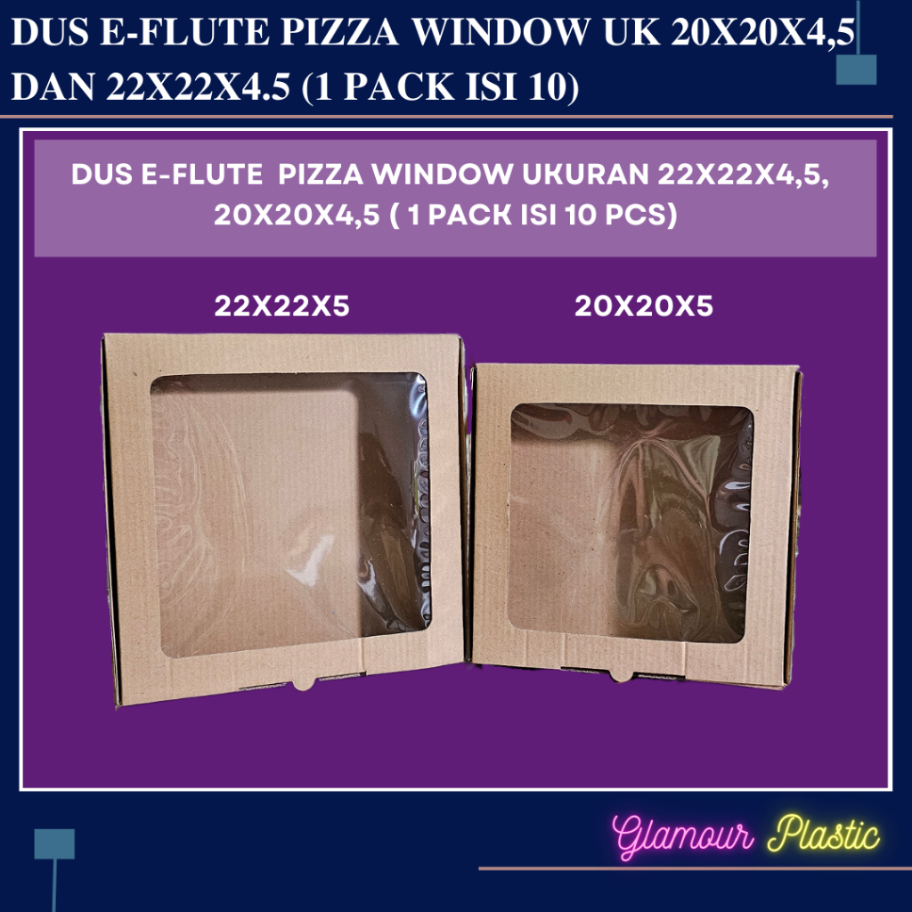 Dus Pizza E-FLUTE WINDOW ukuran 20x20x4,5 dan 22x22x4,5 (1 pack isi 10 pcs)/DUS PIZZA/DUS HAMPERS