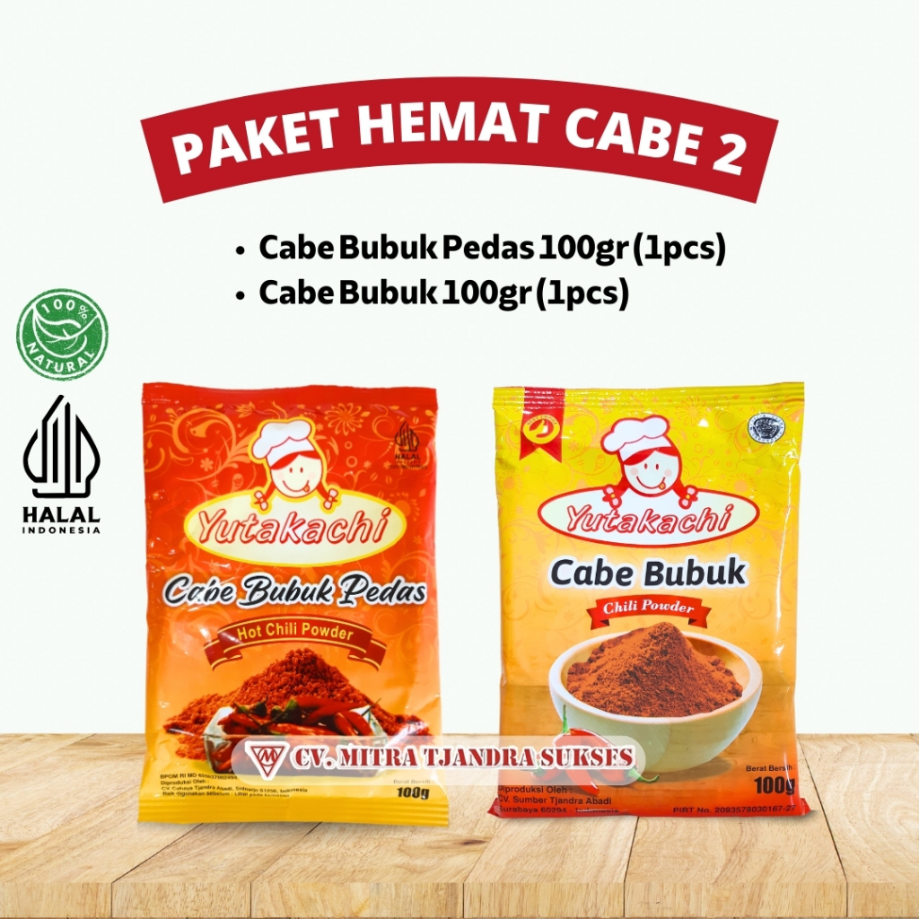 

PAKET HEMAT CABE 2 / Cabe Bubuk Pedas (1pcs) 100 Gr, Cabe Bubuk (1pcs) 100Gr / Paket Hemat Rempah Yutakachi Bumbu dan Rempah