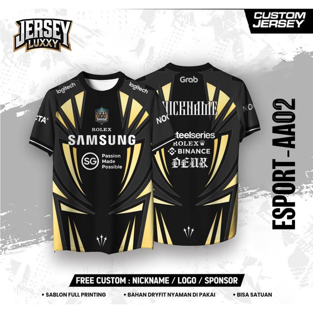 JERSEY CUSTOM ESPORT - AA02 PENDEK Free Design Custom Nama dan Logo Sponsor