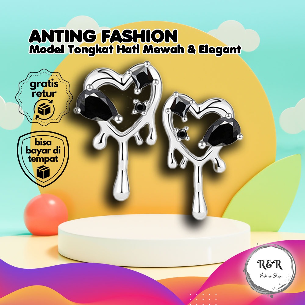 Aksesoris Wanita Anting Korea Mewah Model Hati Korean Style Tongkat Berlian Anting Berlian Hitam Ben