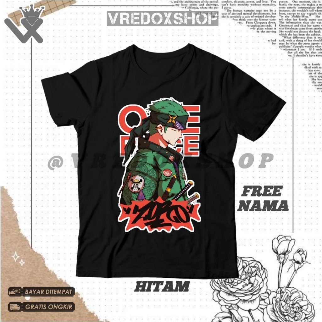 (Free Nama) Kaos Atasan Anak Motif Zoro One Piece / Baju Roronoa Zoro Bounty Hunter Anime One Piece 
