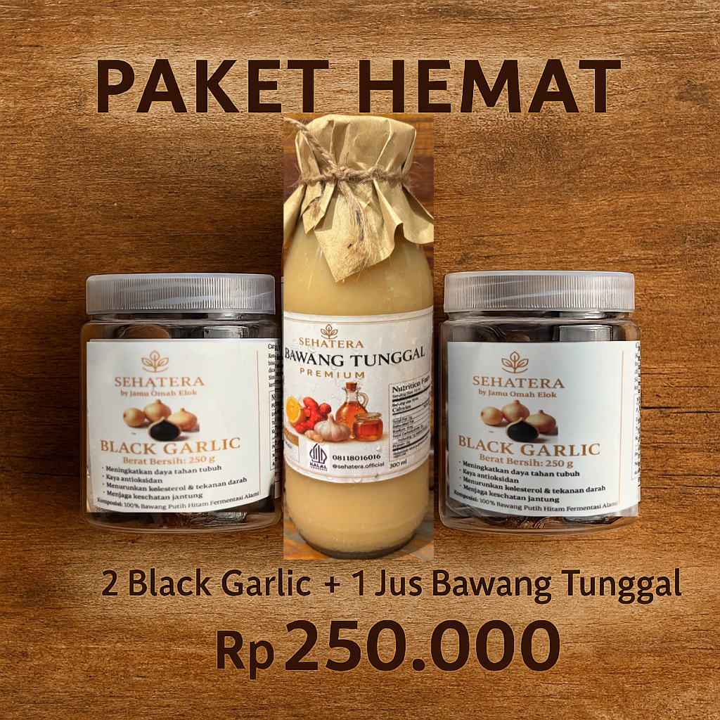 

PAHE Paket Hemat Bundling 2 Black Garlic + 1 Jus Bawang Tunggal Madu Premium - SEHATERA by Jamu Omah Elok