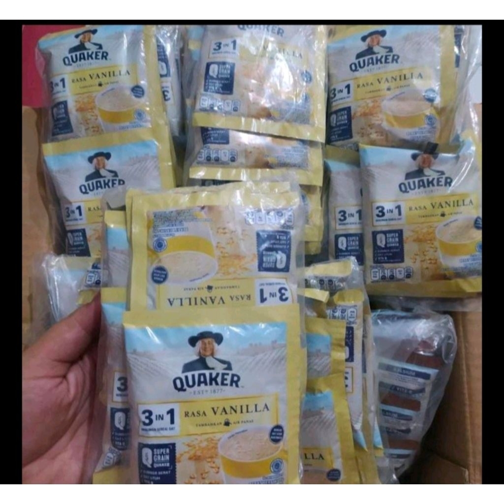 

10 Sachet Quaker 3 in 1 Vanilla t Minuman Sereal Oat ( 24 gram x 10 sachet) 240 gram. Kemasan renceng isi 10 sachet
