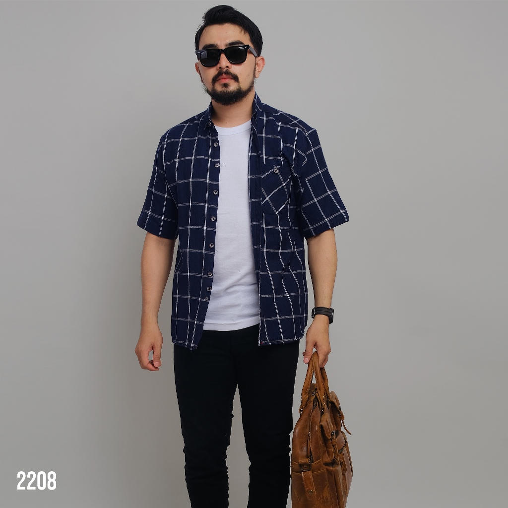 PAKAJI Kemeja Pria Flanel Pendek Premium Biru Dongker List Putih 2208