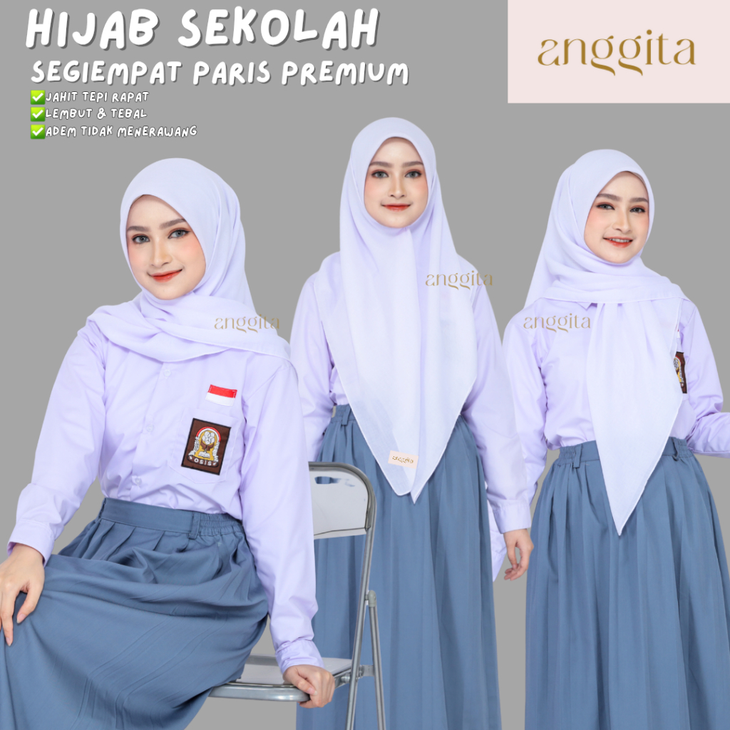 ANGGITA Hijab Sekolah Segi Empat Paris Premium Jilbab Pramuka Anak SMP SMA Polos