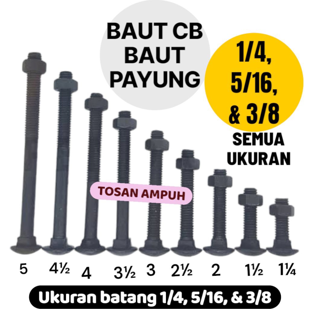 [1Dus] Baut CB Hitam 1/4 5/16 3/8 Baut Payung Hitam Baut Topi Hitam