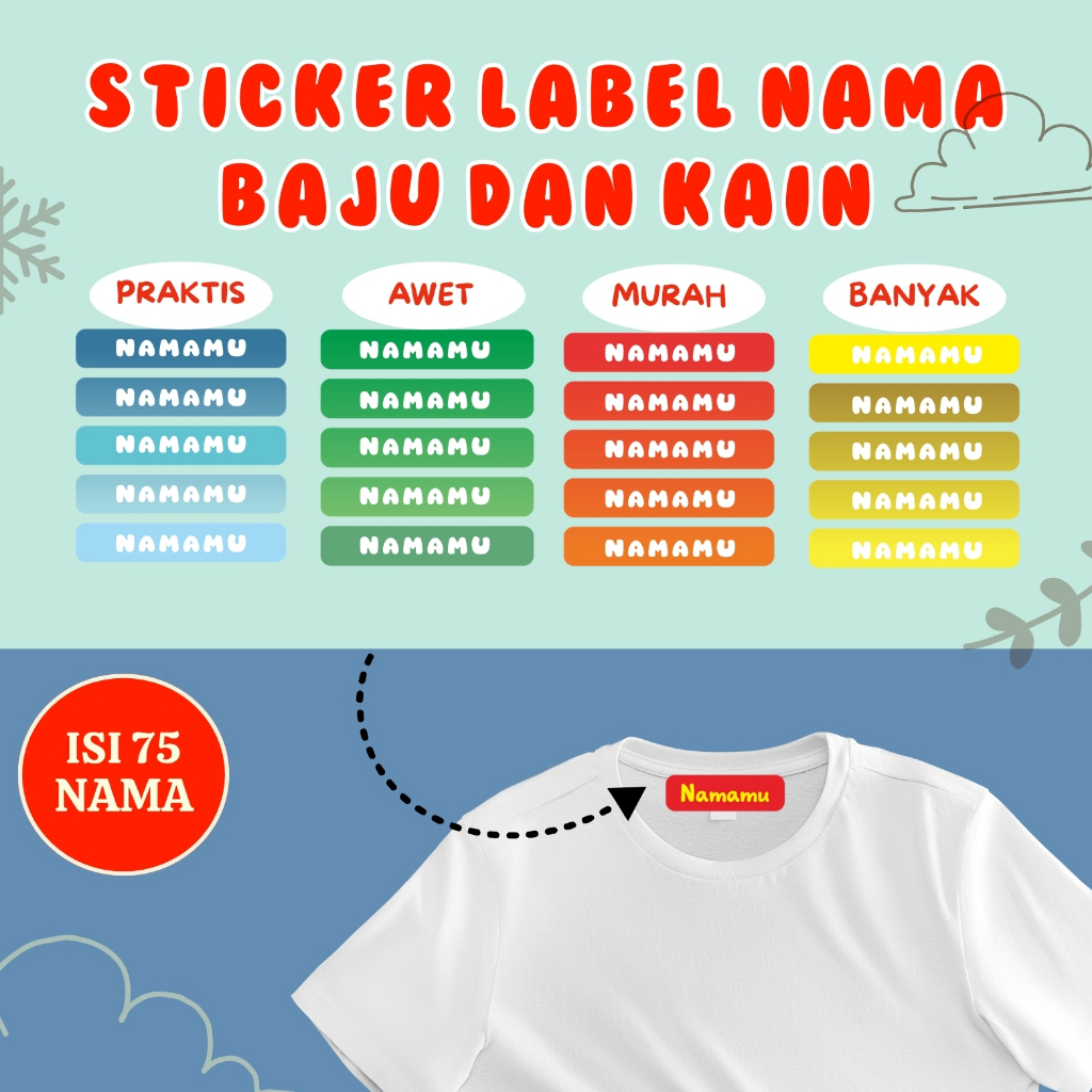 

75 Pcs Label Baju Nama Anak Custom Setrika Label Baju Label Custom Nama Baju Stiker Kain Baju
