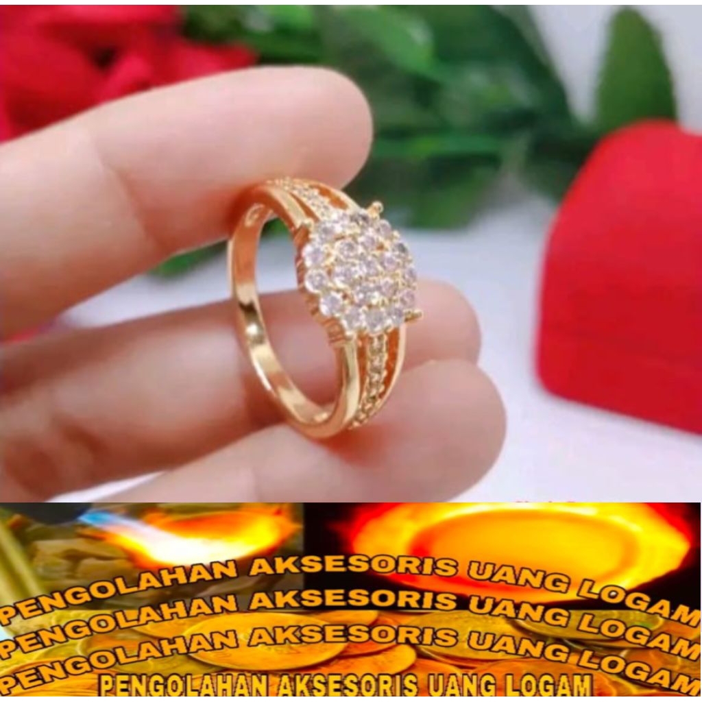 Cincin wanita motif Permata Bahan koin logam Ori Lapis Emas 24k Anti Luntur karat