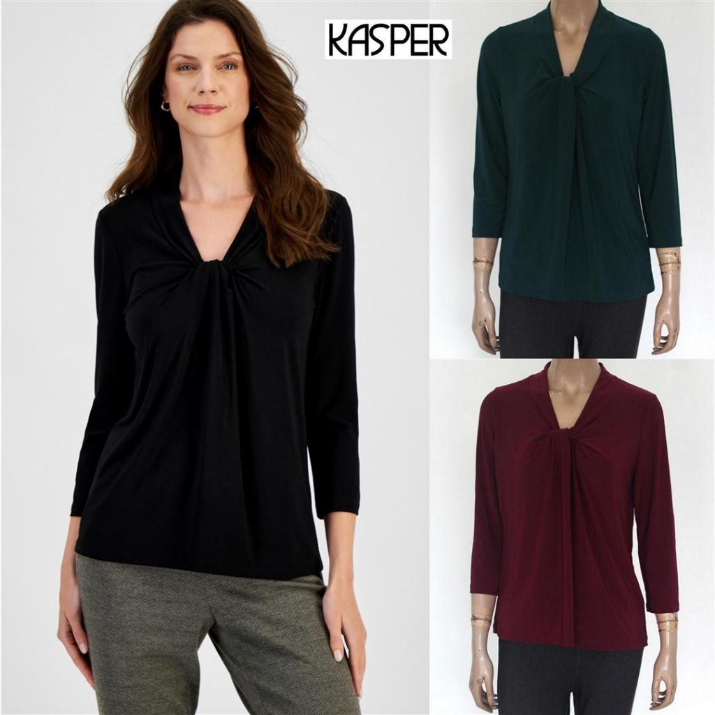 Mode Republic - 3/4-sleeve Knotted V-neck Top - Business Casual Blouse - Baju Atasan Kerja Wanita Pr
