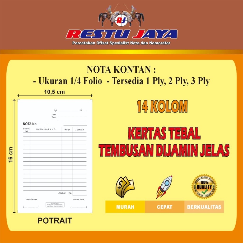 

10 Buku Nota Kontan 1ply 2ply 3ply ukuran kecil 1/4 folio (105mm*160mm) premium