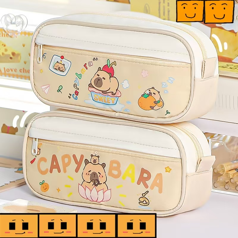 

Capibala Double Pull Color Contrast Pen Bag Cute Cartoon Large Capacity Portable Multi Layer Stationery Bag