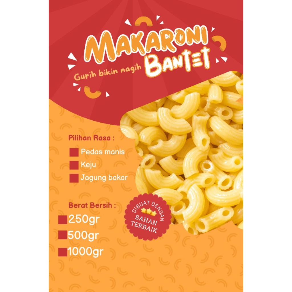 

MAKARONI CIKRUH 1KG/ MAKARONI BANTET PEDAS MANIS/ MAKARONI BANTET KEJU/ MAKARONI BANTET JAGUNG BAKAR KEMASAN 1KG