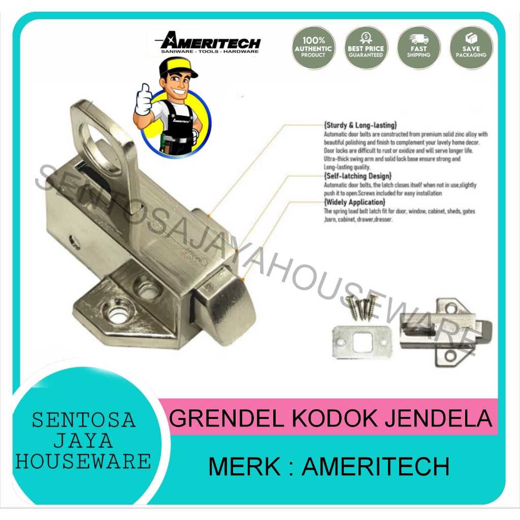 GRENDEL KODOK SEGI EMPAT STAINLESS MERK AMERITECH / GRENDEL JENDELA STAINLESS AMERITECH