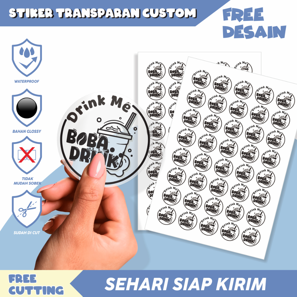 

Stiker label minuma transparan custom stiker label cut waterproof