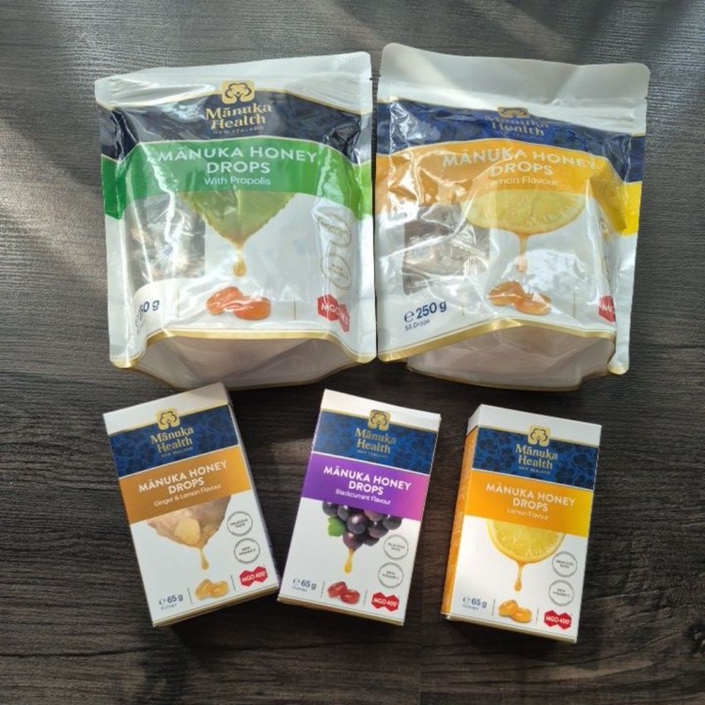 

MANUKA HEALTH MGO 400 + MANUKA HONEY DROPS LEMON / MANUKA HONEY DROP PROPOLIS 58 DROPS 250G GINGER JAHE BLACKCURRANT