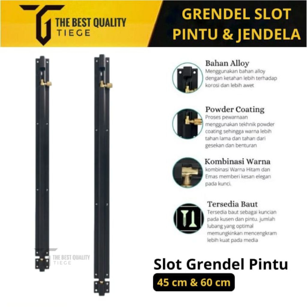 Grendel Pintu dan Jendela Slot Pintu Hitam Panjang 45 cm dan 60 cm Alumunium Tebal