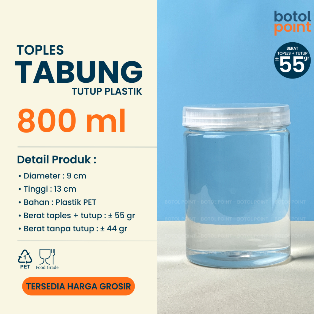 Toples Tabung 800 ml TUTUP PLASTIK - Toples plastik 800 ml GROSIR - Kemasan Makanan Kue Kering