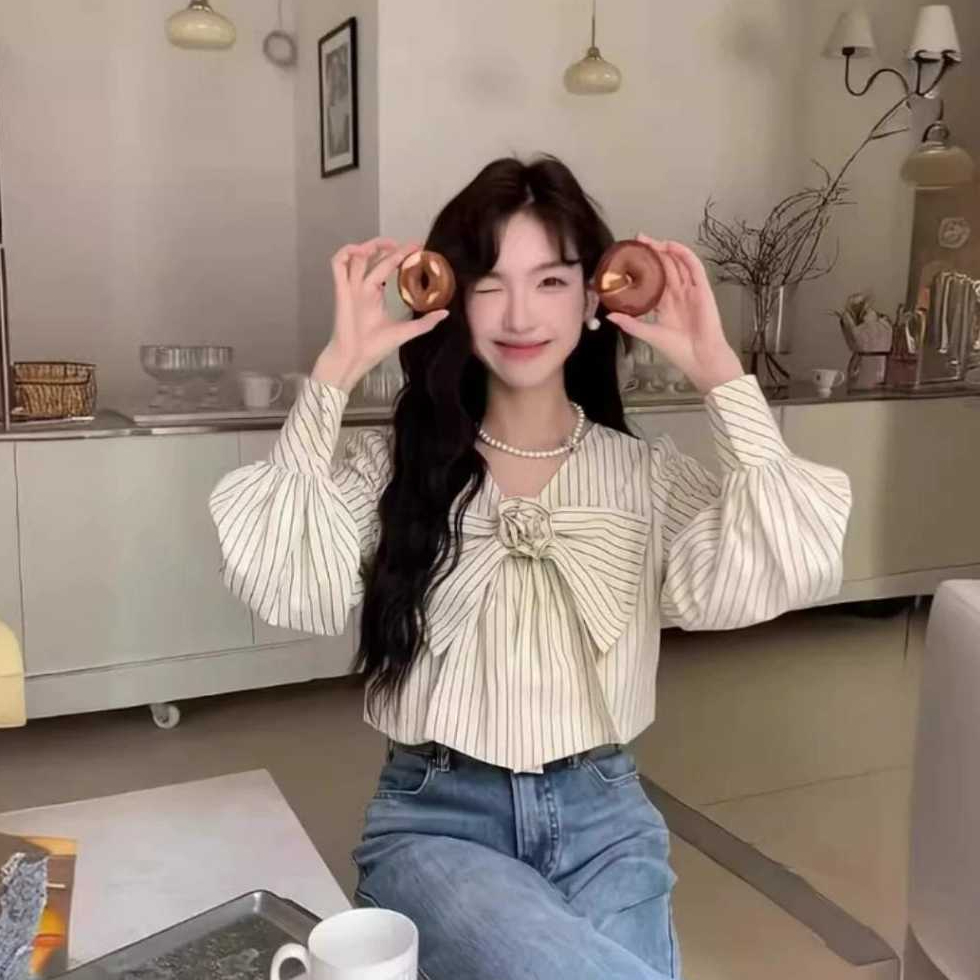 [DAVINA] blouse atasan motif salur pita besar lengan balon ootd korean style kasual