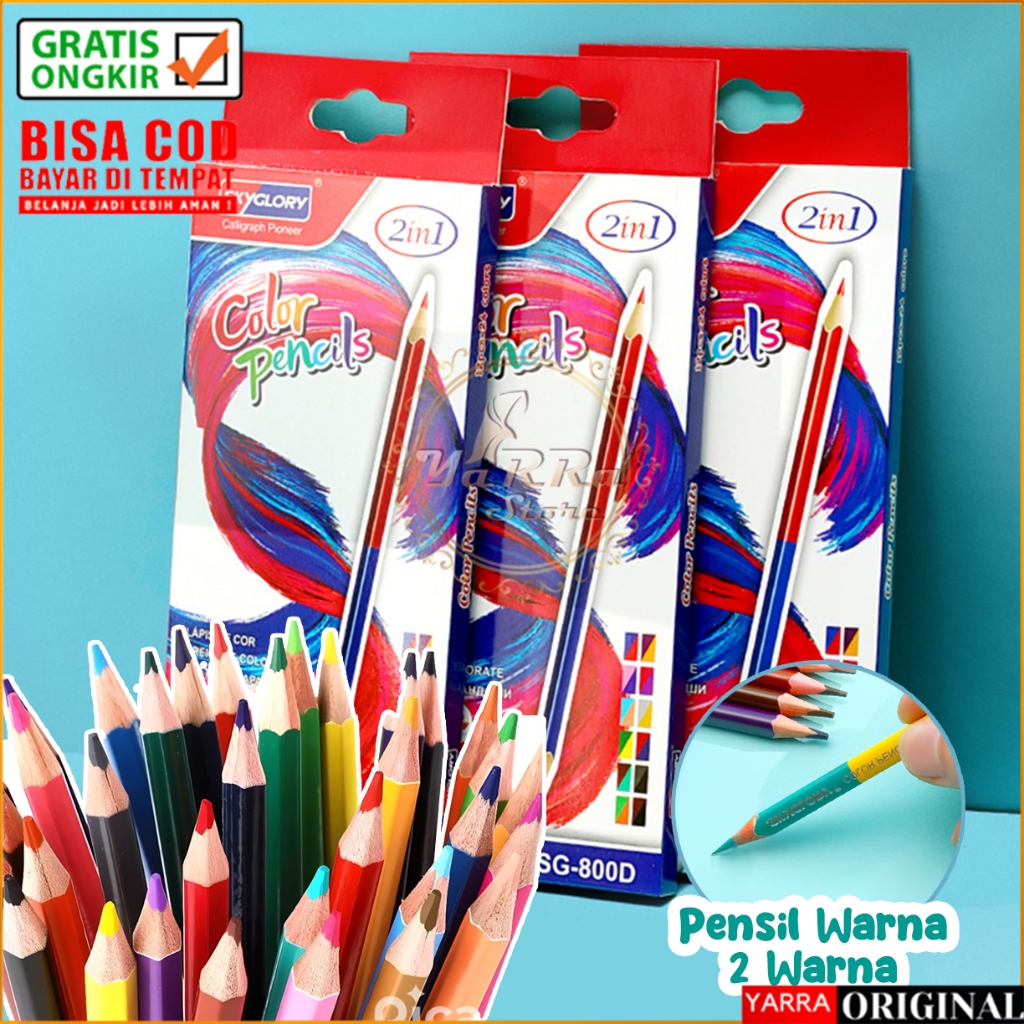 

Pensil Warna Kayu 2 Warna Bolak Balik 2 in 1 Alat Tulis Mewarnai 12 Warna Perlengkapan Menggambar