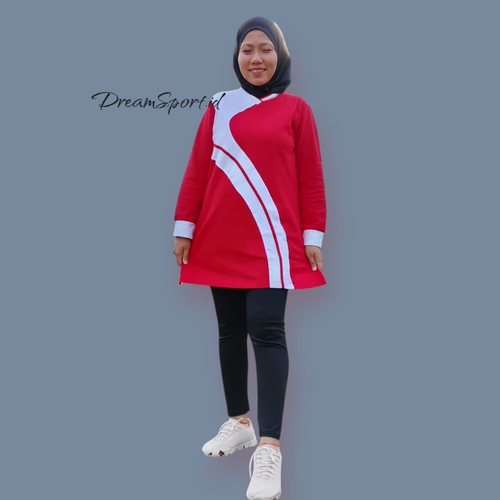 Tunik Polos Kerah V-Neck Uncle West / Khusus Warna Merah Kombinasi Putih