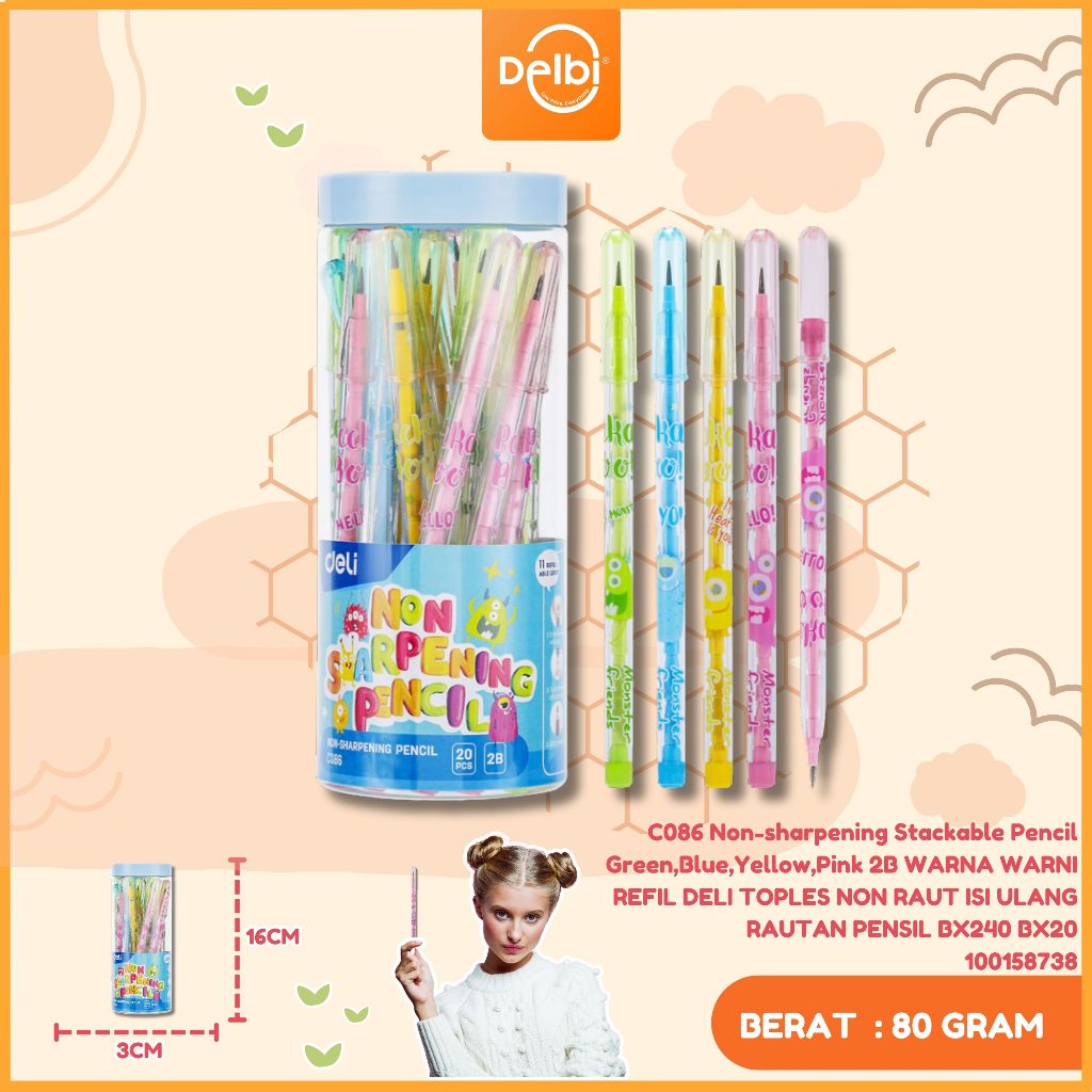 

Deli Non-sharpening Pencil (1PCS) C086 NON-SHARPENING STACKABLE PENCIL GREEN,BLUE,YELLOW,PINK 2B