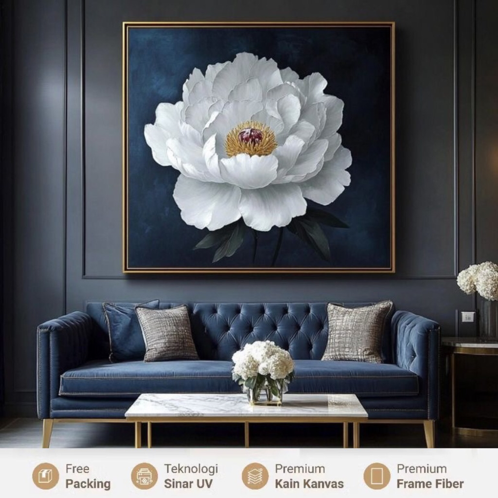 Lukisan Dinding Peony Putih Classy | Lukisan Dinding Bunga 3D Handmade