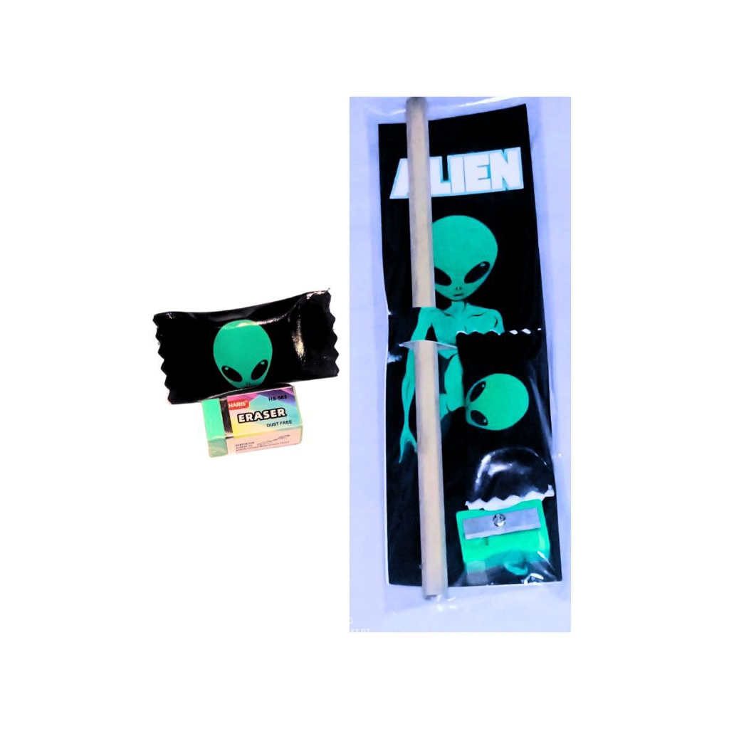 

souvenir paket pensil, penghapus dan rautan tema Alien "BISA CUSTOM TEMA