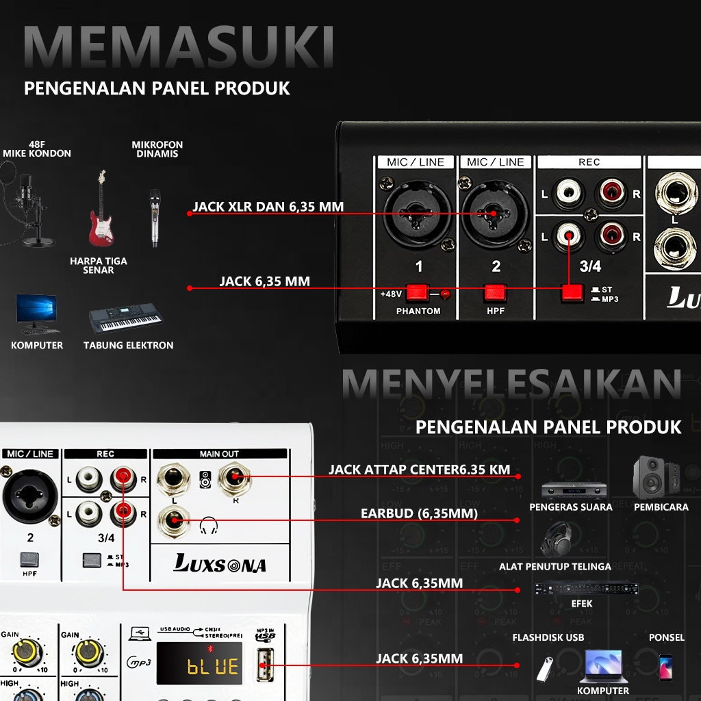 LuxsonaMixer 4 Chanel + 2 Mikrofon Uhf/Mixer Audio/Mixer Mini/ Premium Amplifier Bluetooth Mikser