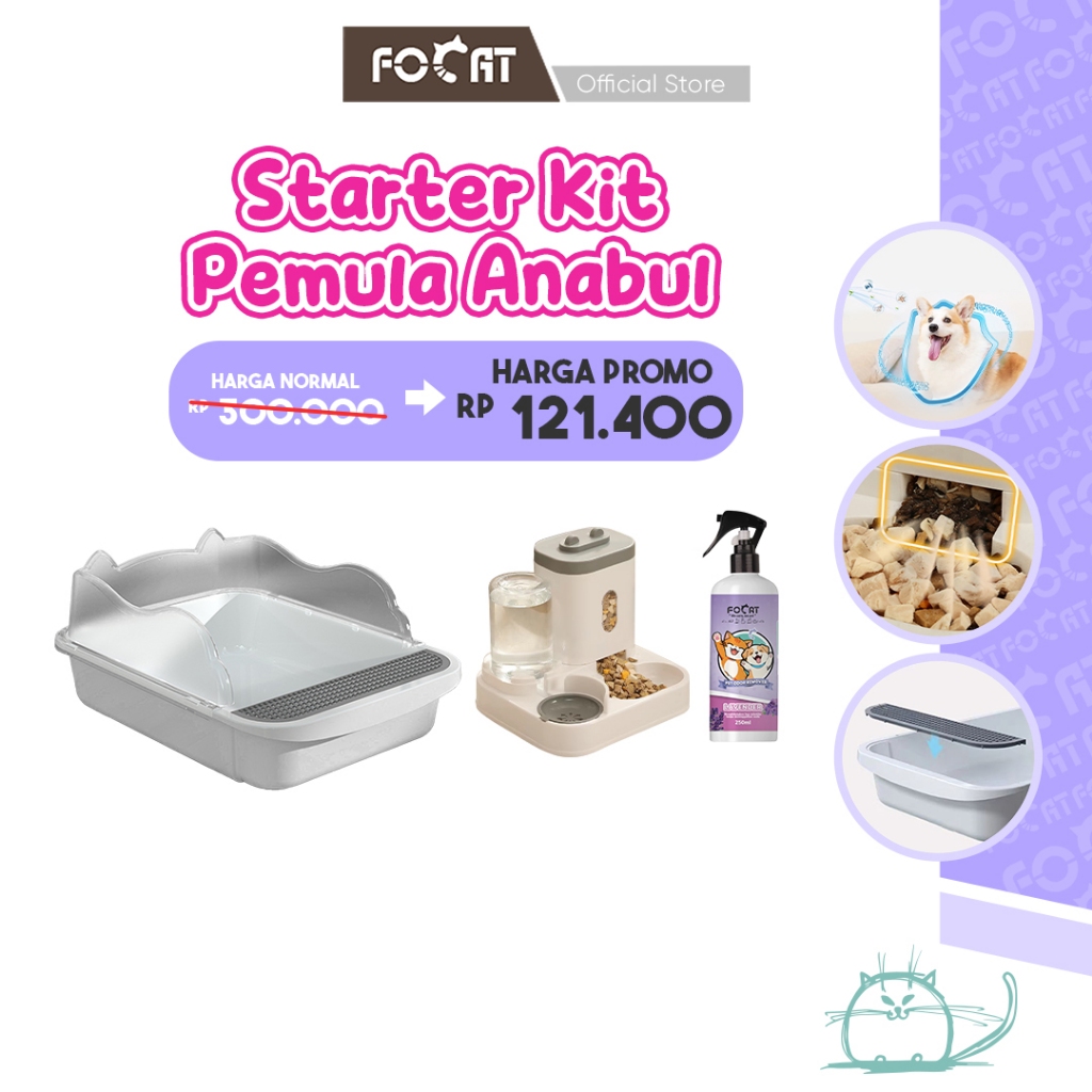 [STARTER KIT] FOCAT Bak Pasir Kucing M61 M07 Tempat Makan Kucing Anjing / Pet Feeder 2IN1 N14 Spray Penghilang Bau Poop/Bau