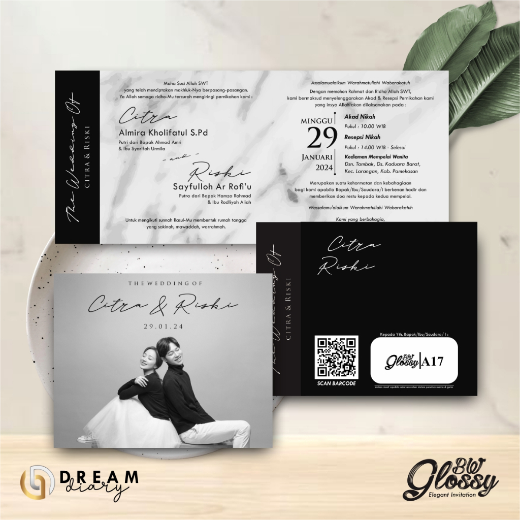 Undangan Pernikahan Glossy Elegant Black White Simple Free Foto Dream Diary