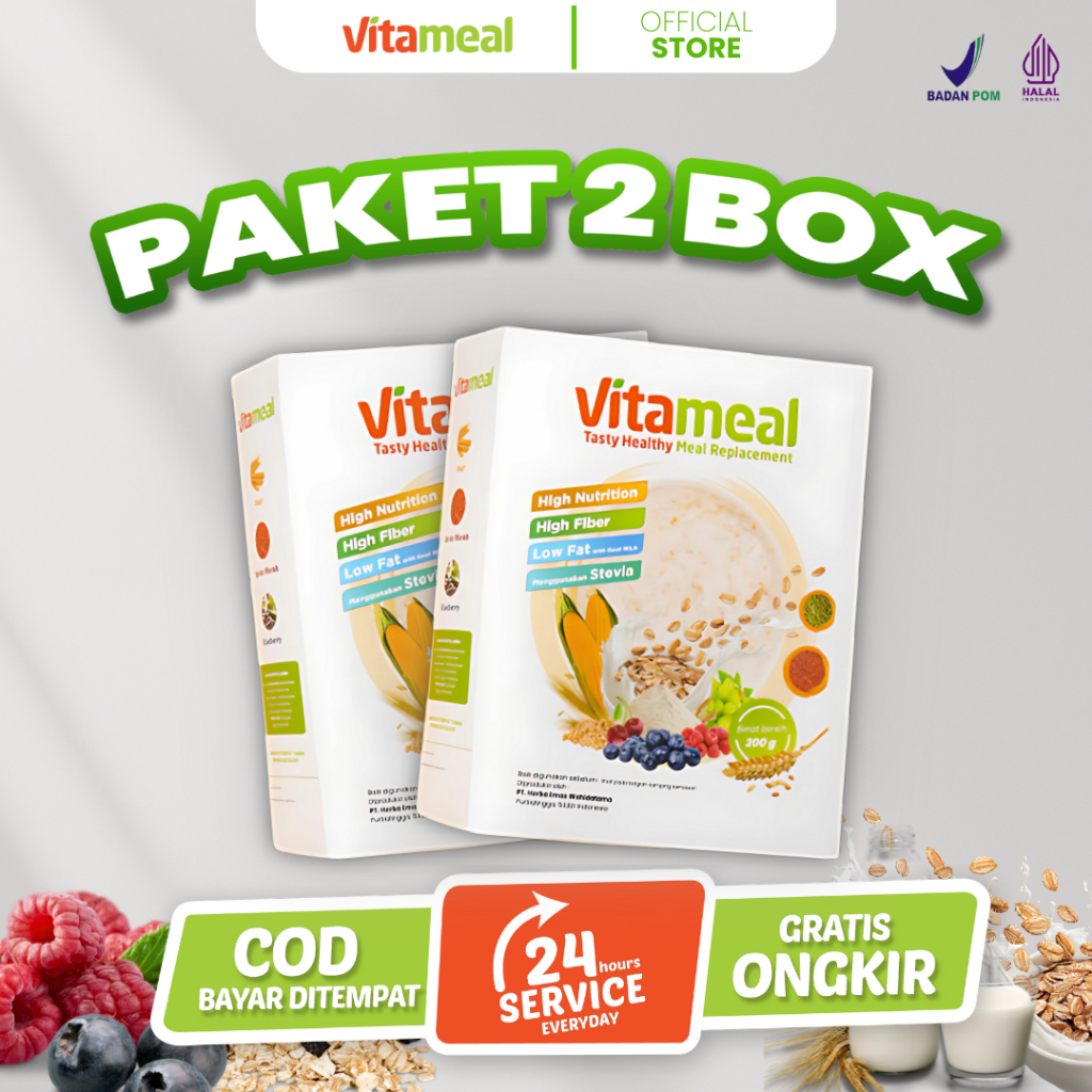 

[ AMPUH ] PAKET 2 BOX - Vitameal Sereal Herbal Sehat Tinggi Serat Menurunkan Gula Darah Kolesterol Hipertensi Mengatasi Asam Lambung GERD Menstabilkan Berat Badan Menjaga Pola Makan Sehari Hari VITAMINILK HIPERTENSI