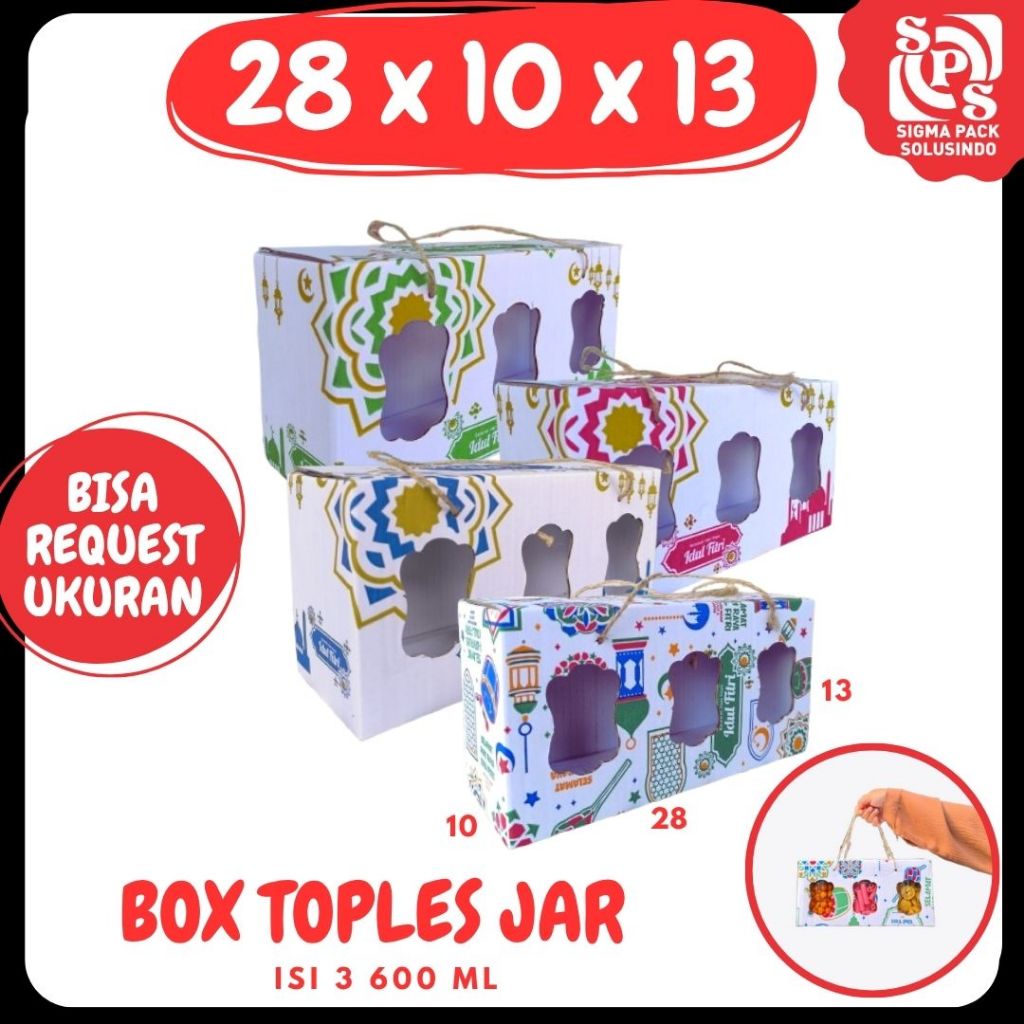 

Box 28x10x13 Jinjing Tali (KUKER TOPLES JAR 600ml Isi 3) Gable Box Toples Tabung Kardus Kue Kering / Idul Fitri /Hampers / Lebaran / Gable Box Polos/Motif