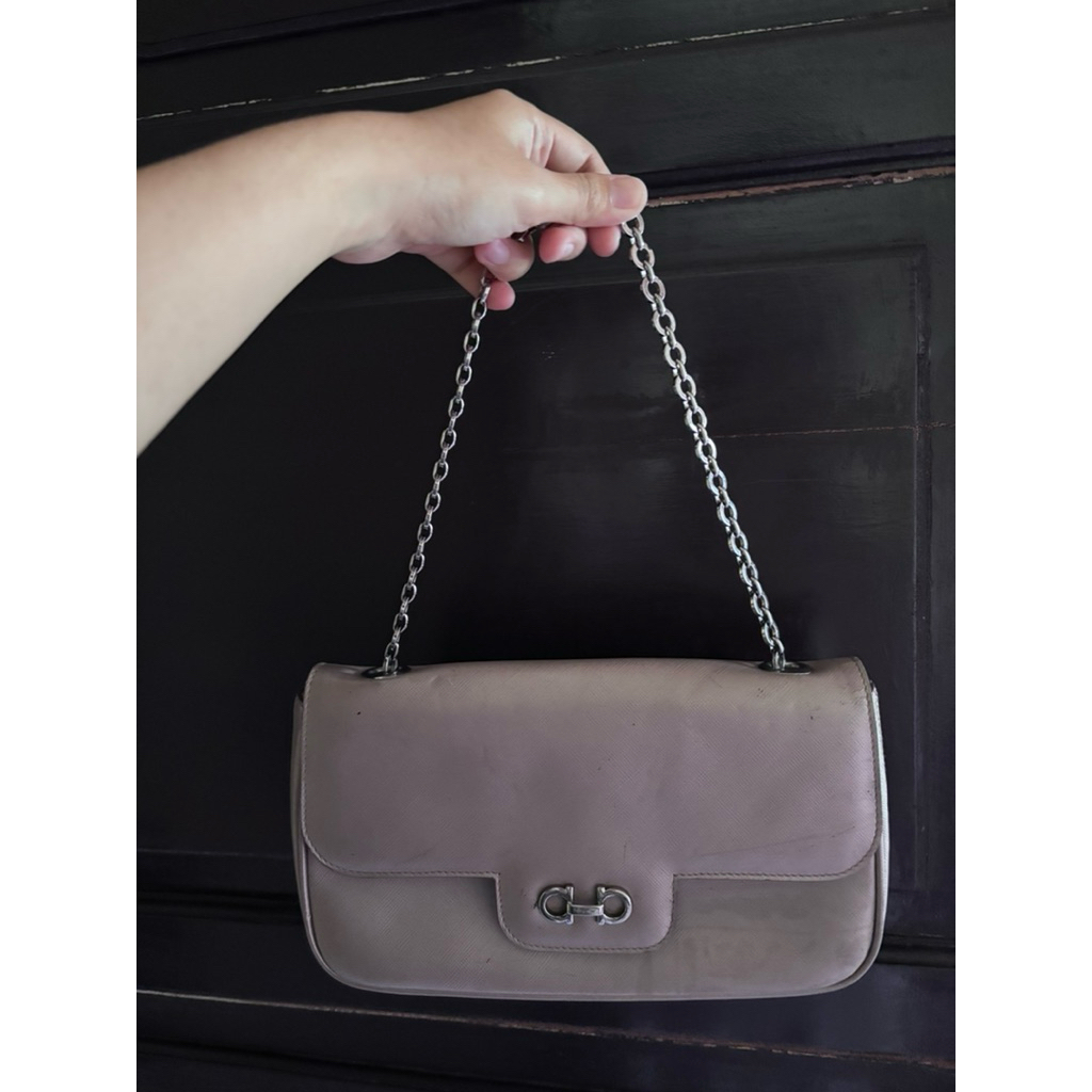 Salvatore Ferragamo Metallic Beige Leather Gancini Flap Bag Authentic Preloved