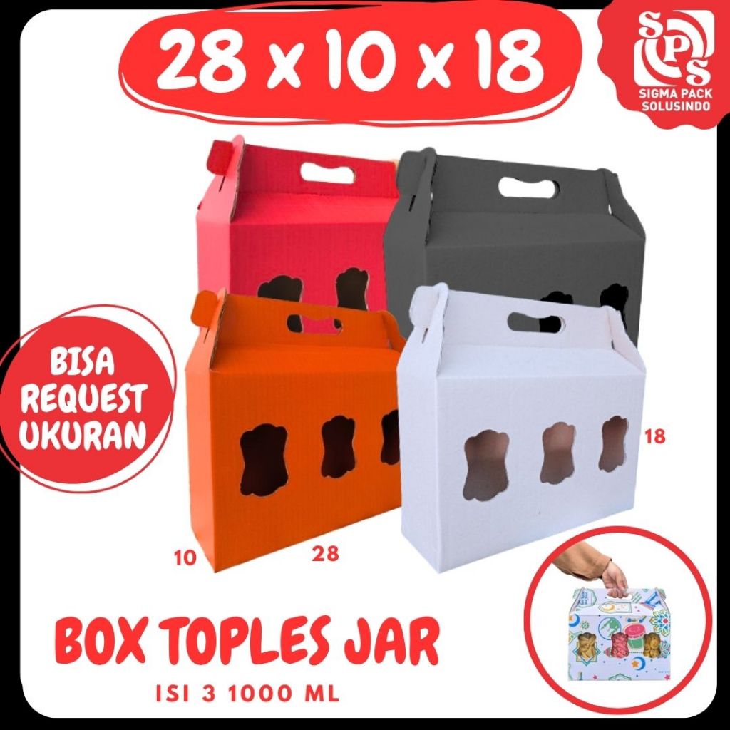 

Box Kue Kering 28x10x18 Jinjing (KUKER TOPLES JAR 1000ml ISI 3) Box Jinjing Kardus Lebaran Idul Fitri Hampers Polos/Motif