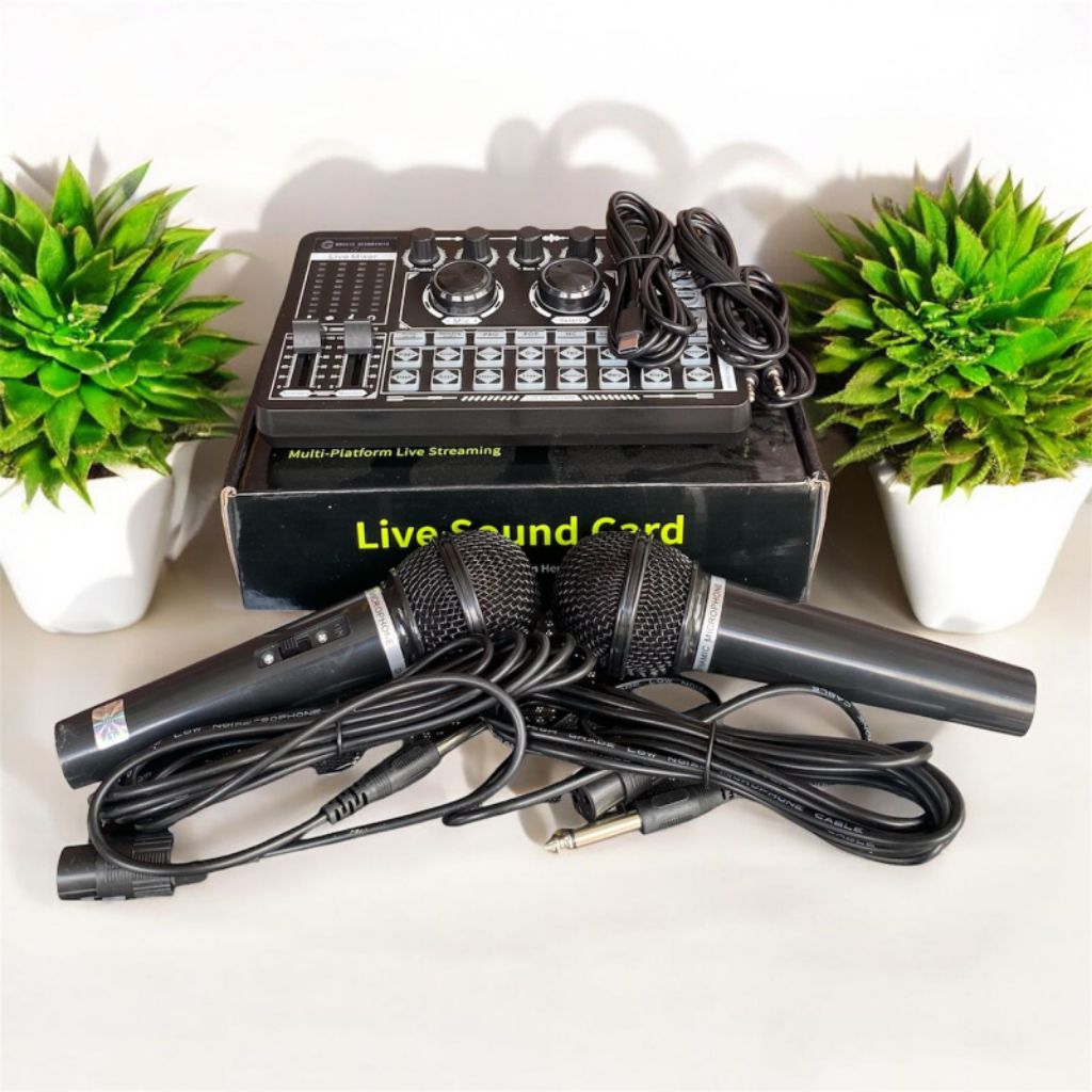 Paket Live Streaming Sound Card + 2 Mic Kabel – Cocok untuk Podcast, Karaoke & Konten Kreator